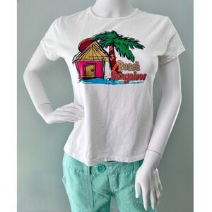 Vintage Y2K Beach Bungalow Graphic Tee White T-Shirt Palm Tree Hut Print size XL